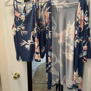 Flora Nikrooz Blue and Pink Floral Kimono Set